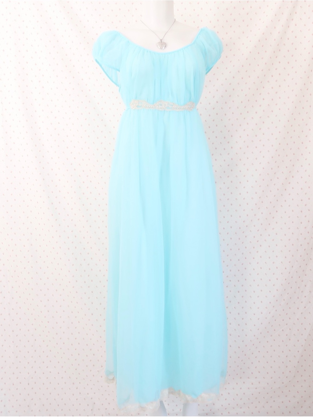 70s mesh nightgown rareLight Blue Women's Chiffon Maxi Dress with Beaded Waist